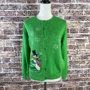 Isabella's Closet‎ Women's Green Snowman Christmas Tree Ugly Sweater Cardigan  L